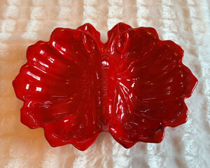Vibrant Red Lobster Shell Ceramic Divided Serving Dish Coastal Decor Sea Life